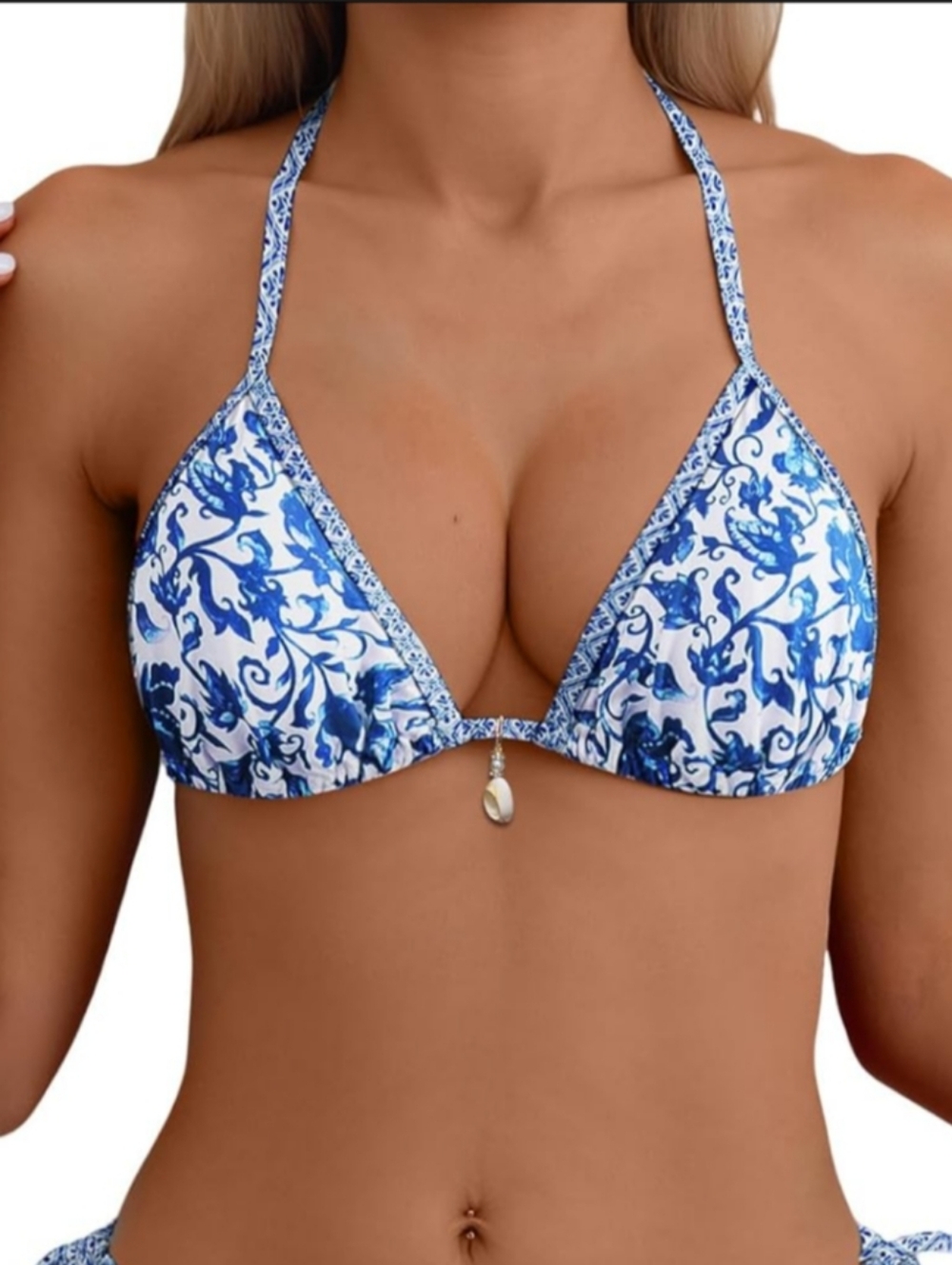 Women's Blue & White Floral Triangle Bikini Top